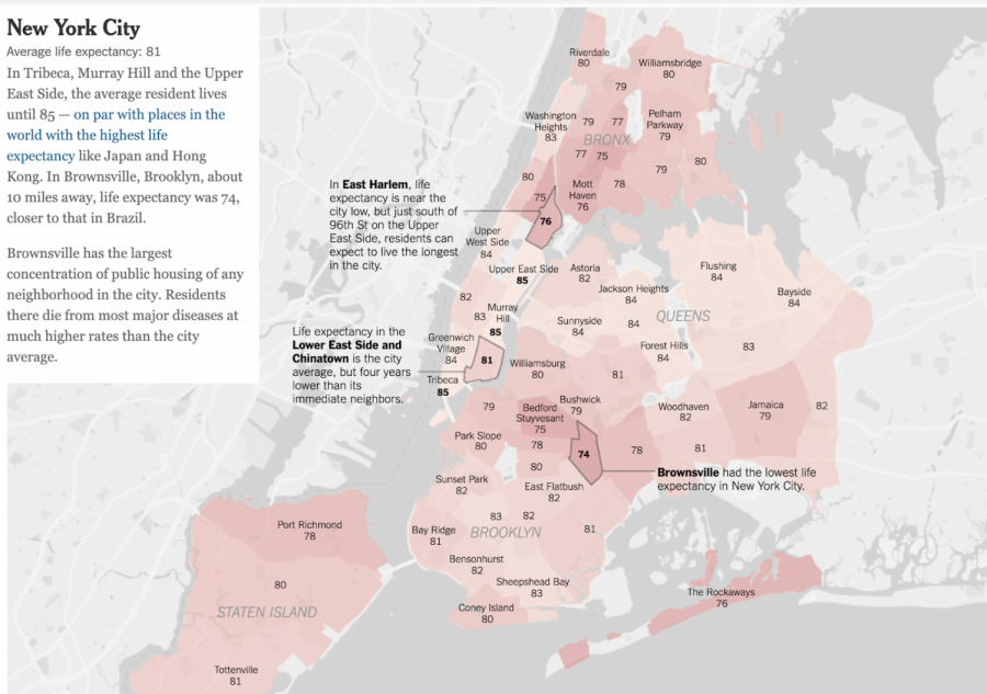 A screenshot from a New York Times story detailing life expectancy by NYC ZIP code.