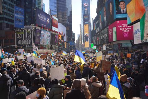 Thousands of people protest in support of Ukraine in Times Square, New York City on February 26, 2022.

