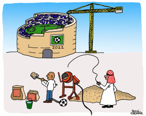 Political cartoon about the realities of labor exploitation in Qatar.