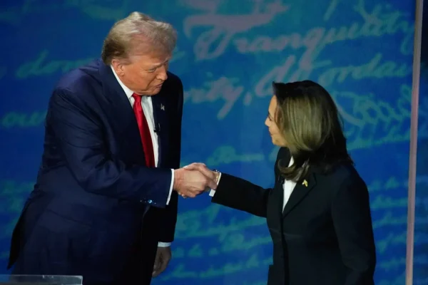 Candidates Harris and Trump shake hands at the start of the September 10 presidential debate (image source: Free Malaysia Today)